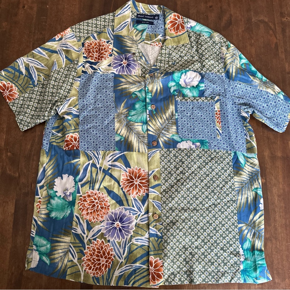Grant Thomas Mens L Silk Shirt‎ Hawaiian Resort Vacation Wedding Party Tropical
